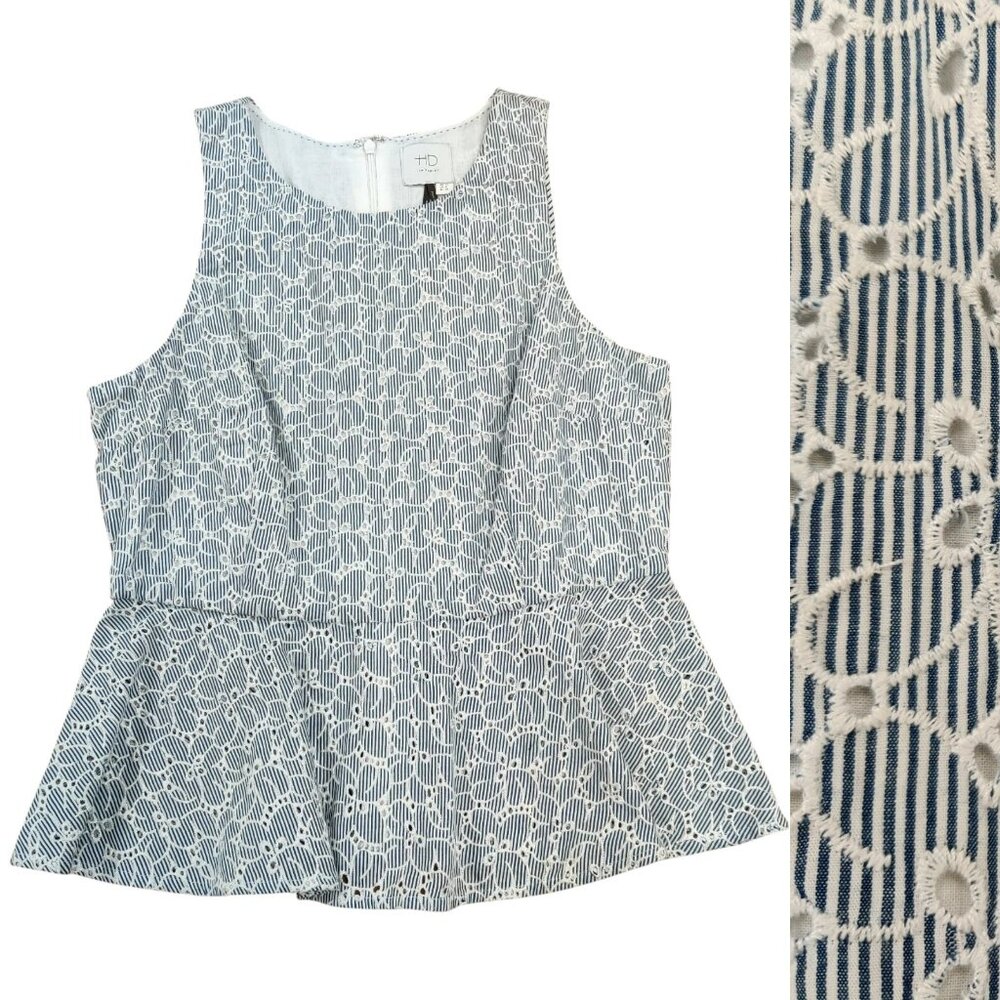 NEW Anthropologie HD in Paris Peplum Top Sleeveless Striped Eyelet Blue Size 8
